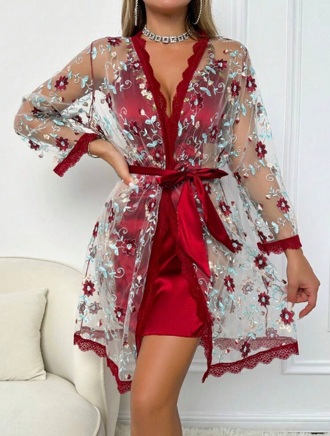 Floral Satin Lace Lingerie Pajama Set