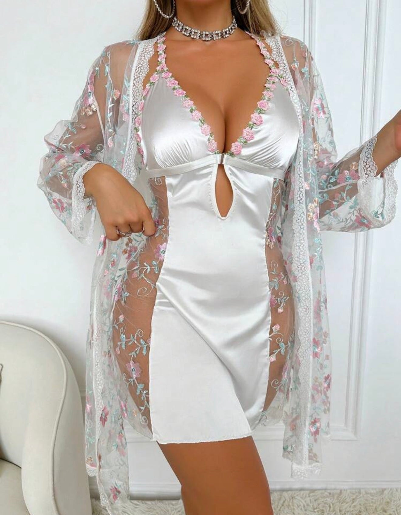 Floral Satin Lace Lingerie Pajama Set